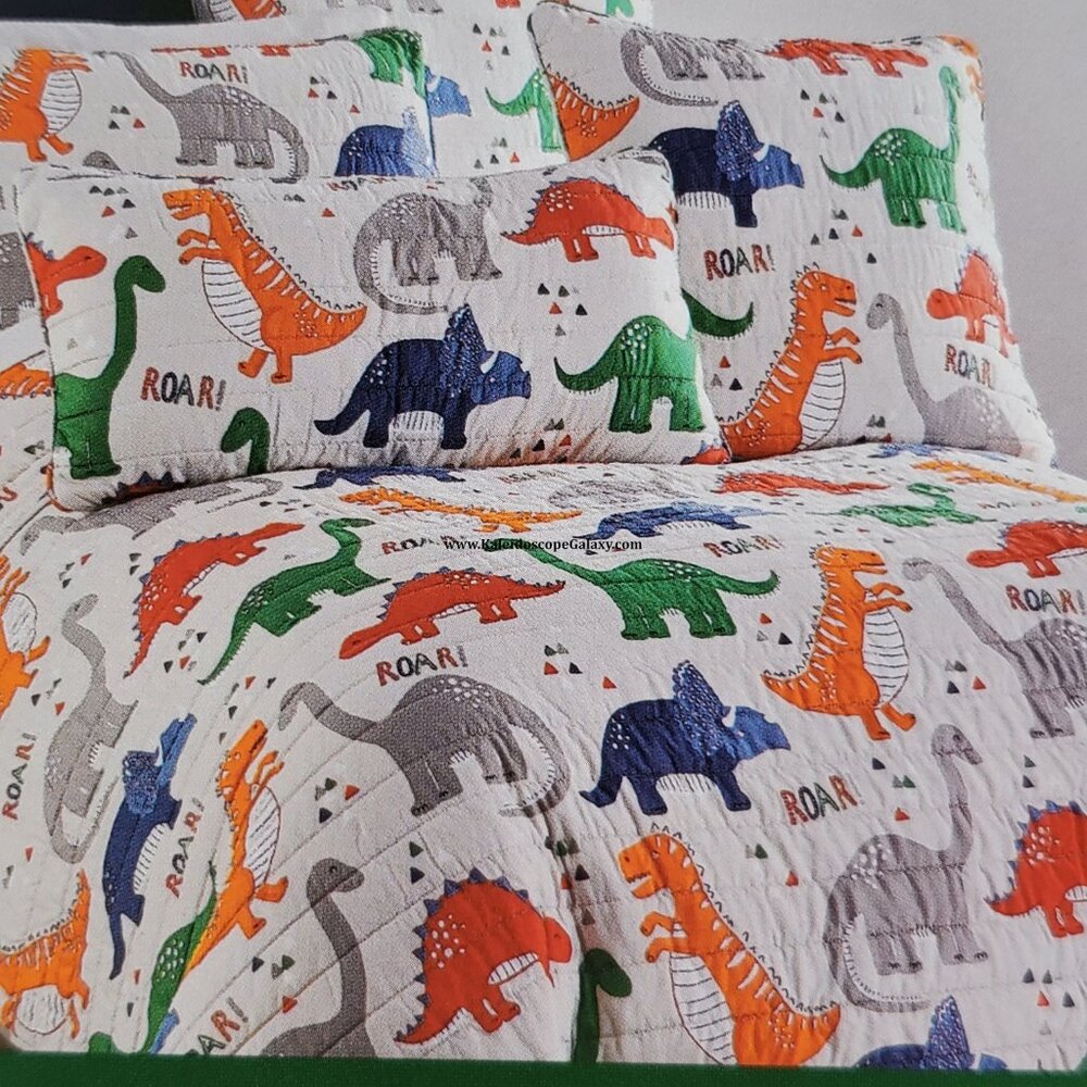 7 Piece Dinosaur Full Quilt ~ Shams ~ Sheets ~ Dinosaurs ~ Gray Red Green NEW